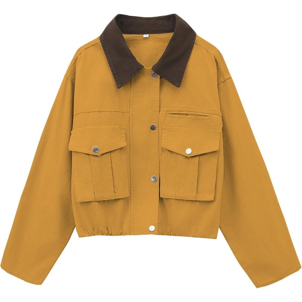 Women's Yellow Cropped Contrast Collar Utility Coat Cargo Jacket Imported - Picture 1 of 6